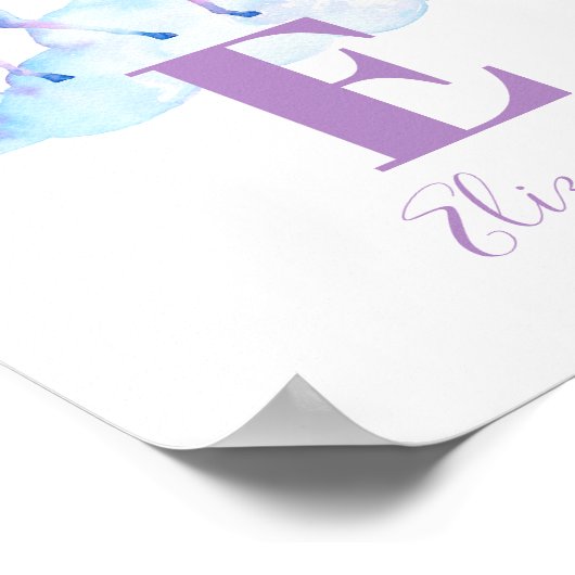 ユニコーン動物。ベビーモノグラム。紫の子供部屋名 ポスター (角)