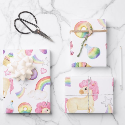 ユニコーン包装紙フラットシートセット3 ラッピングペーパーシート (正面)