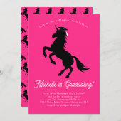 ユニコーン卒業式パーティーピンクとブラック 招待状 (正面/裏面)