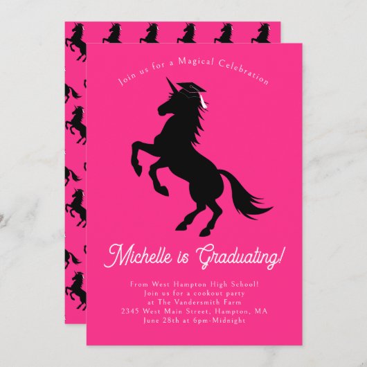 ユニコーン卒業式パーティーピンクとブラック 招待状 (正面/裏面)