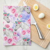 ユニコーン及びバラパターン キッチンタオル (四つ折り)