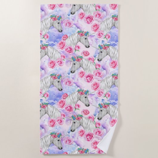 ユニコーン及びバラパターン ビーチタオル (正面)