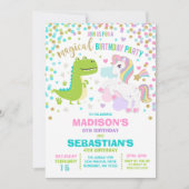 ユニコーン及び恐竜誕生日招待状兄弟姉妹 招待状 (正面)