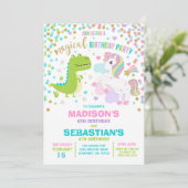ユニコーン及び恐竜誕生日招待状兄弟姉妹 招待状 (スタンド正面)
