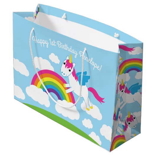 ユニコーン及び虹のかわいい第1誕生会のテーマ ラージペーパーバッグ (裏面アングル)