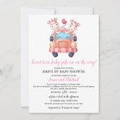 ユニコーン双子の女の子の赤ちゃんシャワーピンクドライブ 招待状 (正面)