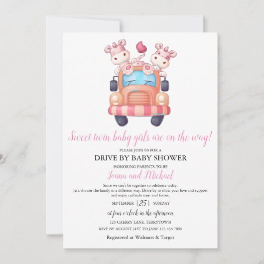 ユニコーン双子の女の子の赤ちゃんシャワーピンクドライブ 招待状 (正面)