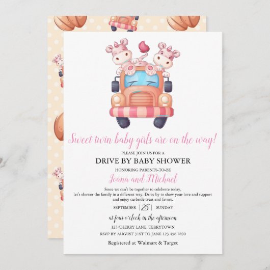 ユニコーン双子の女の子の赤ちゃんシャワーピンクドライブ 招待状 (正面/裏面)