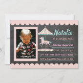 ユニコーン回転木馬誕生日招待状ピンクフォトチョーク 招待状 (正面)