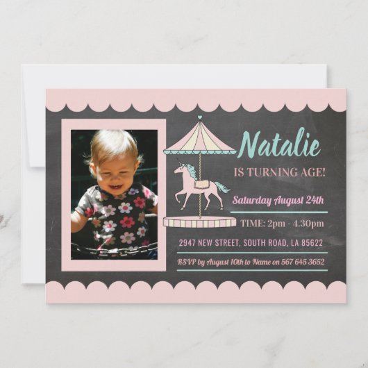 ユニコーン回転木馬誕生日招待状ピンクフォトチョーク 招待状 (正面)