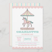 ユニコーン回転木馬誕生日招待状ピンクミント 招待状 (正面/裏面)