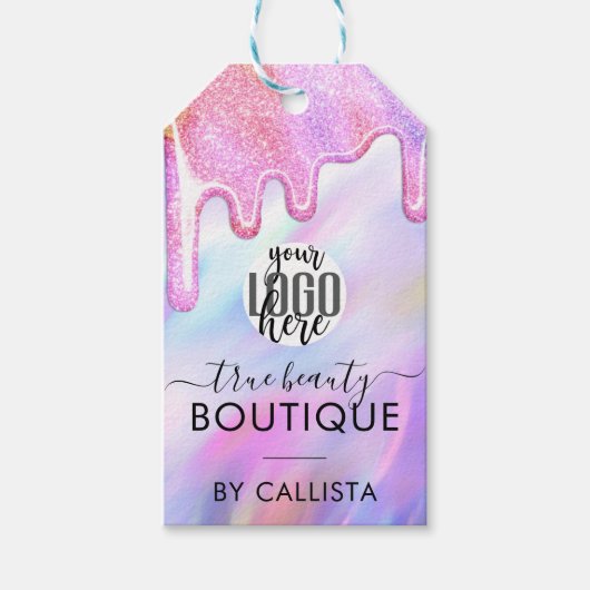 ユニコーン型ホログラフィックグリッタードリップロゴ衣料ラベル ギフトタグ (正面)