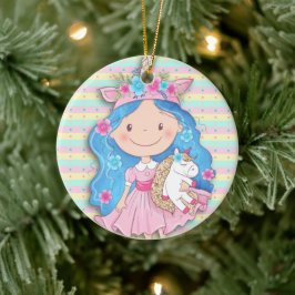 ユニコーン大切クリスマスの女の子かわいこちゃん セラミックオーナメント