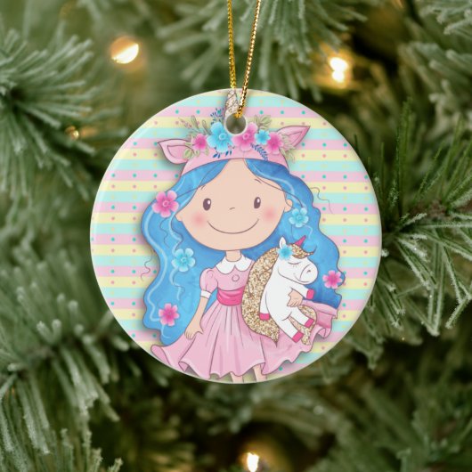 ユニコーン大切クリスマスの女の子かわいこちゃん セラミックオーナメント (ツリー)