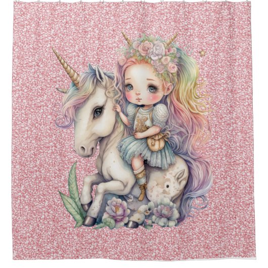 ユニコーン妖精プリンセスピンクグリッターファンタジー シャワーカーテン (正面)