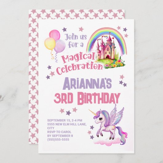 ユニコーン小さな女の子の2回目の誕生日 招待状 (正面/裏面)