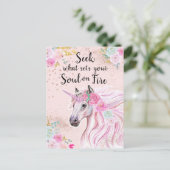 ユニコーン感動的ピンク金ゴールドグリッター引用文  ポストカード (スタンド正面)