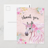 ユニコーン感謝ピンクティールフラワーリングゴールドグリッター ポストカード (正面/裏面)