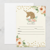 ユニコーン招待状 記入式 グリッター ピーチ ゴールド 招待状 (正面/裏面)