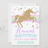 ユニコーン招待金ゴールドレインボー誕生日パーティー 招待状 (正面)