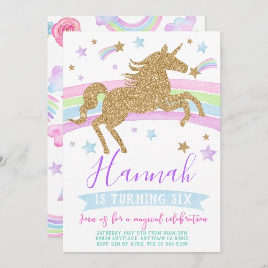 ユニコーン招待金ゴールドレインボー誕生日パーティー 招待状 (正面/裏面)