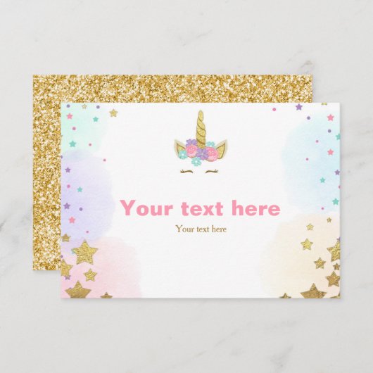 ユニコーン挿入カード誕生日シャワーピンク金ゴールドガール 招待状 (正面/裏面)