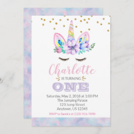 ユニコーン最初の誕生日招待状 – 水彩 招待状