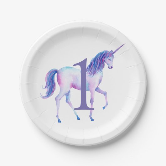 ユニコーン水カラーパーソナライズされた第1誕生日 ペーパープレート (正面)