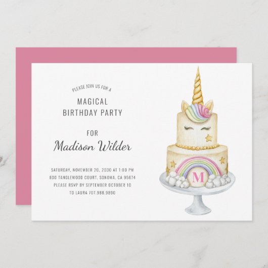 ユニコーン水彩ケーキ誕生日招待状 招待状 (正面/裏面)
