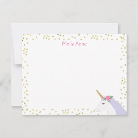 ユニコーン水彩ピンク金ゴールドドットガールズ文房具 ノートカード (正面)