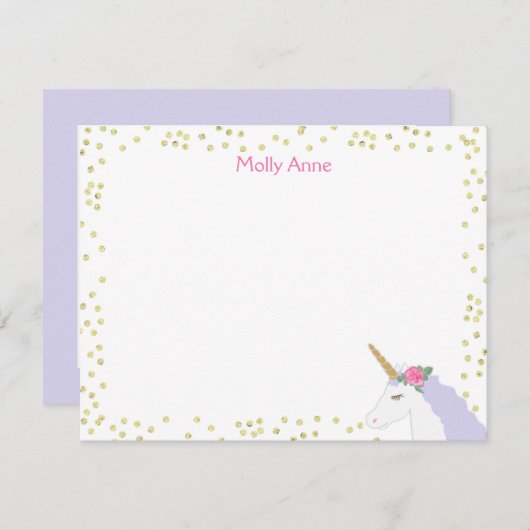 ユニコーン水彩ピンク金ゴールドドットガールズ文房具 ノートカード (正面/裏面)