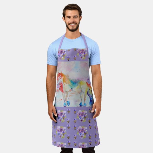 ユニコーン水彩可愛い紫のフローラ動物エプロン エプロン (着用した状態)