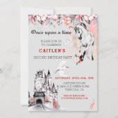 ユニコーン水色おとぎ話の城レッドローズ 招待状 (正面)