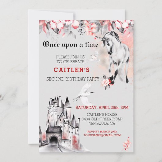 ユニコーン水色おとぎ話の城レッドローズ 招待状 (正面)