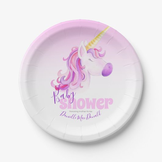 ユニコーン水色ピンクの赤ちゃんシャワープレート ペーパープレート (正面)