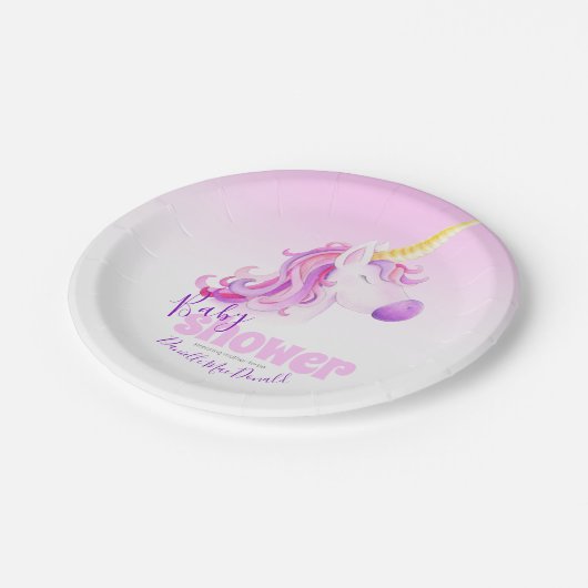 ユニコーン水色ピンクの赤ちゃんシャワープレート ペーパープレート (アングル)