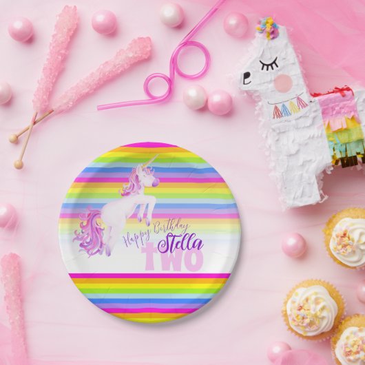 ユニコーン水色レインボー誕生日の名前プレート ペーパープレート (パーティー)