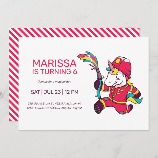 ユニコーン消防士の漫画子供の誕生日 招待状 (正面/裏面)