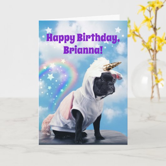 ユニコーン犬ファーティング虹のための10代の誕生日 カード (黄色い花)