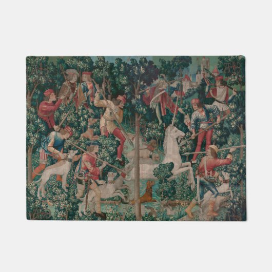 ユニコーン狩り中世アート – Unicornが攻撃 ドアマット (正面)