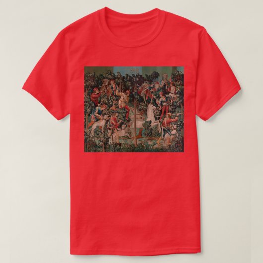 ユニコーン狩り中世美術ユニコーンが攻撃 Tシャツ (デザイン正面)