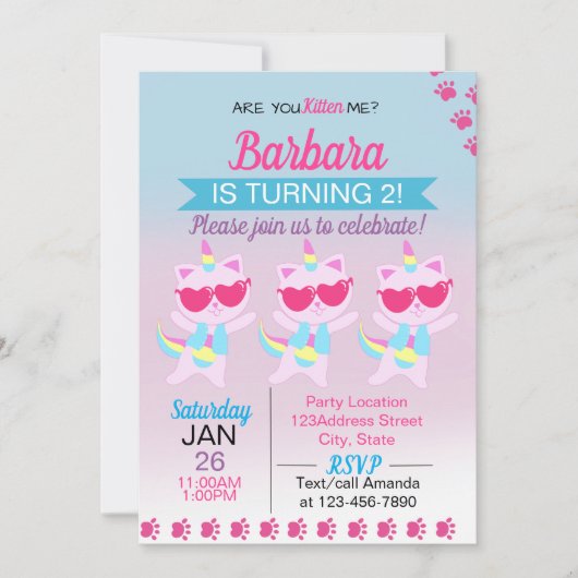 ユニコーン猫ハート漫画招待状 招待状 (正面)