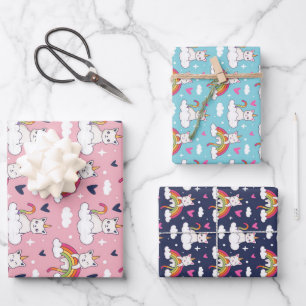 ユニコーン猫レインボーパターンかわいいバレンタインデー ラッピングペーパーシート