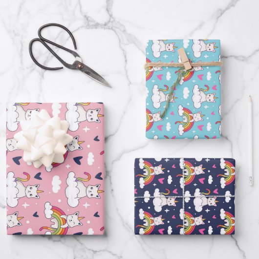 ユニコーン猫レインボーパターンかわいいバレンタインデー ラッピングペーパーシート (正面)
