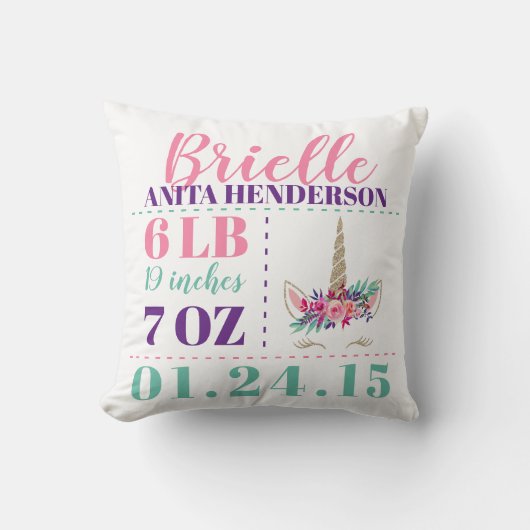 ユニコーン生まれたばかりの誕生統計装飾用クッション クッション (正面)