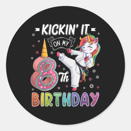 ユニコーン空手8歳の誕生日おめでとうテコンドー ラウンドシール (正面)