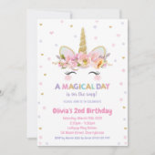 ユニコーン第1誕生日招待状ガールズ金ゴールドグリッター 招待状 (正面)