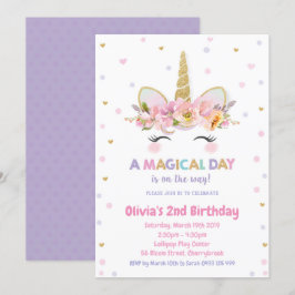 ユニコーン第1誕生日招待状ガールズ金ゴールドグリッター 招待状