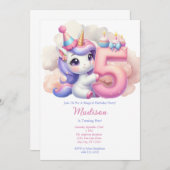 ユニコーン第5回ピンクブルーパープルガール誕生日 招待状 (正面/裏面)