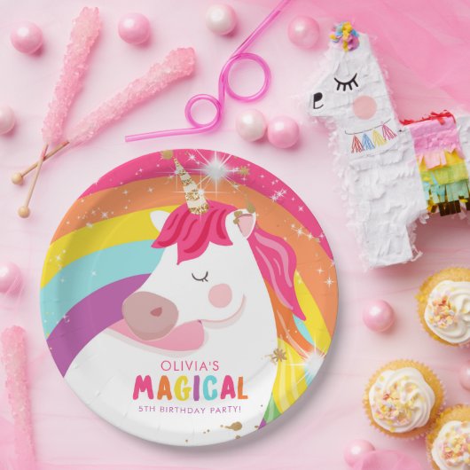 ユニコーン紙プレートピンクレインボーマジカル誕生日 ペーパープレート (パーティー)